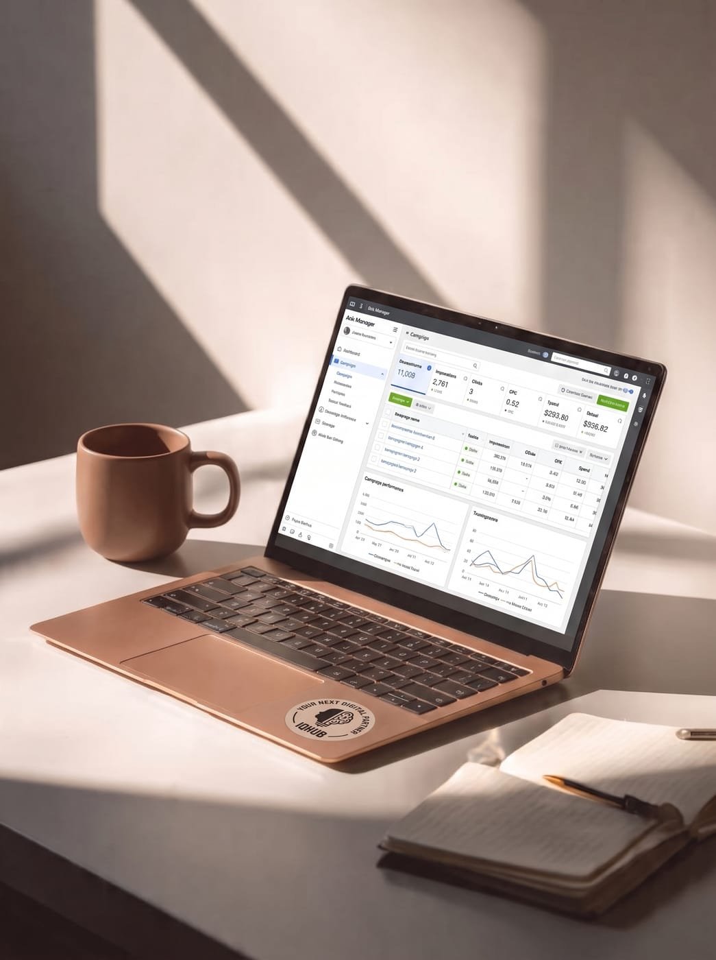 An ad campaign dashboard showing impressions, clicks and spend